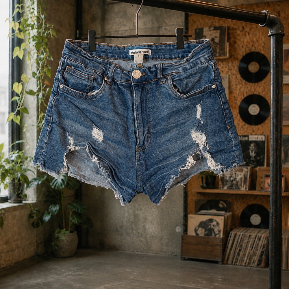 Charlotte Russe Distressed Denim Shorts Medium Wash High Waisted Cutoffs Size 5